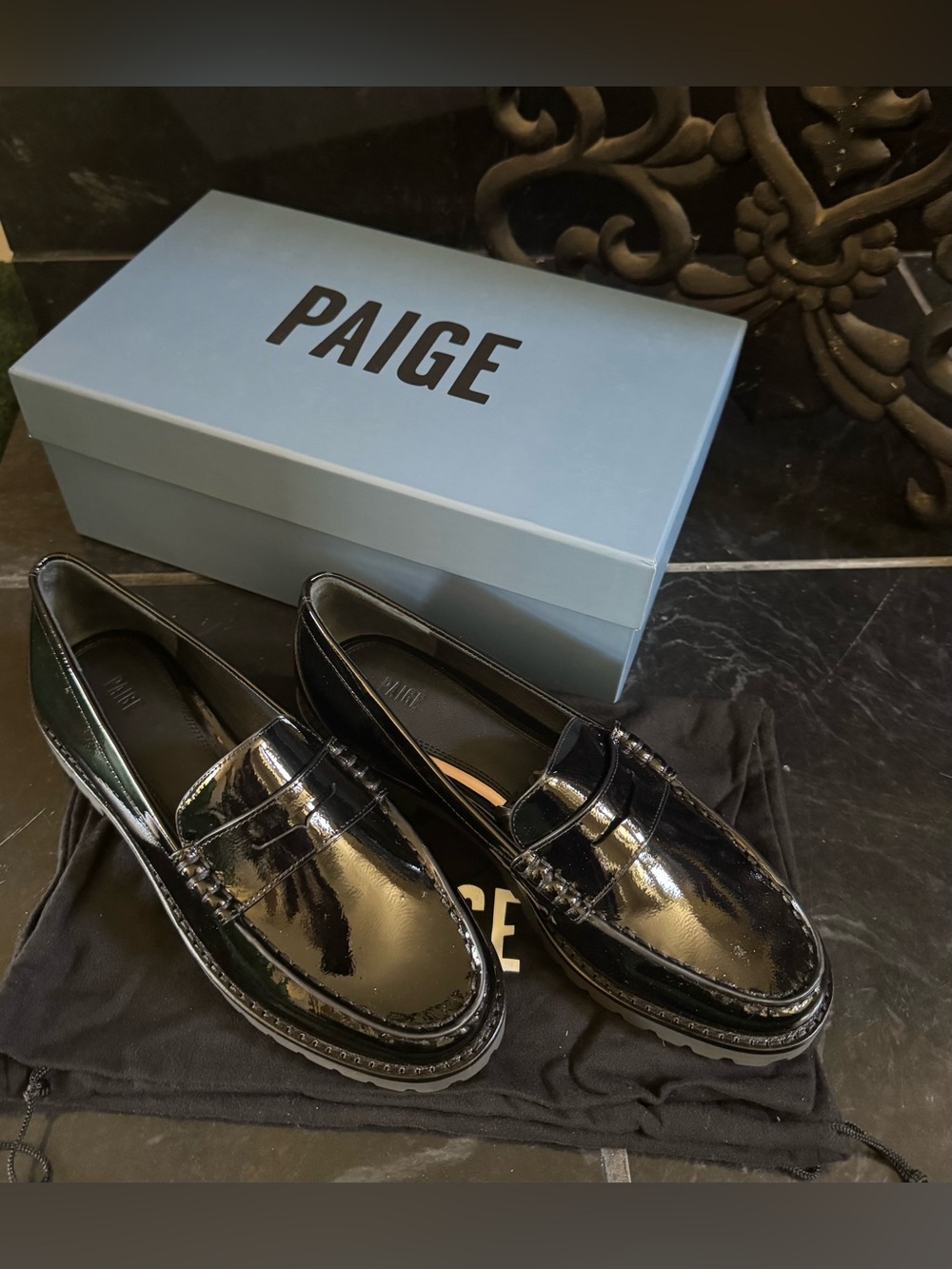 PAIGE Black Patent Leather Penny Loafers — Glossy Slip-Ons